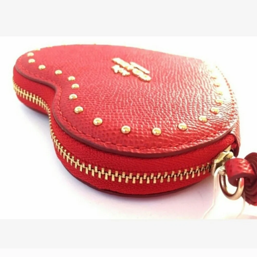 Coach Edge Studded Heart Coin Case Zip Close Crossgrain Leather Red Goldtone NWT - Picture 5 of 15